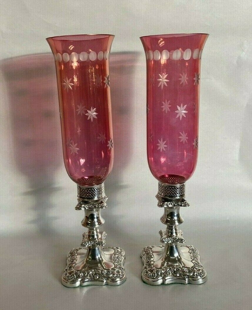 Cranberry Glass Hurricane Candlesticks with Silver Plate Base