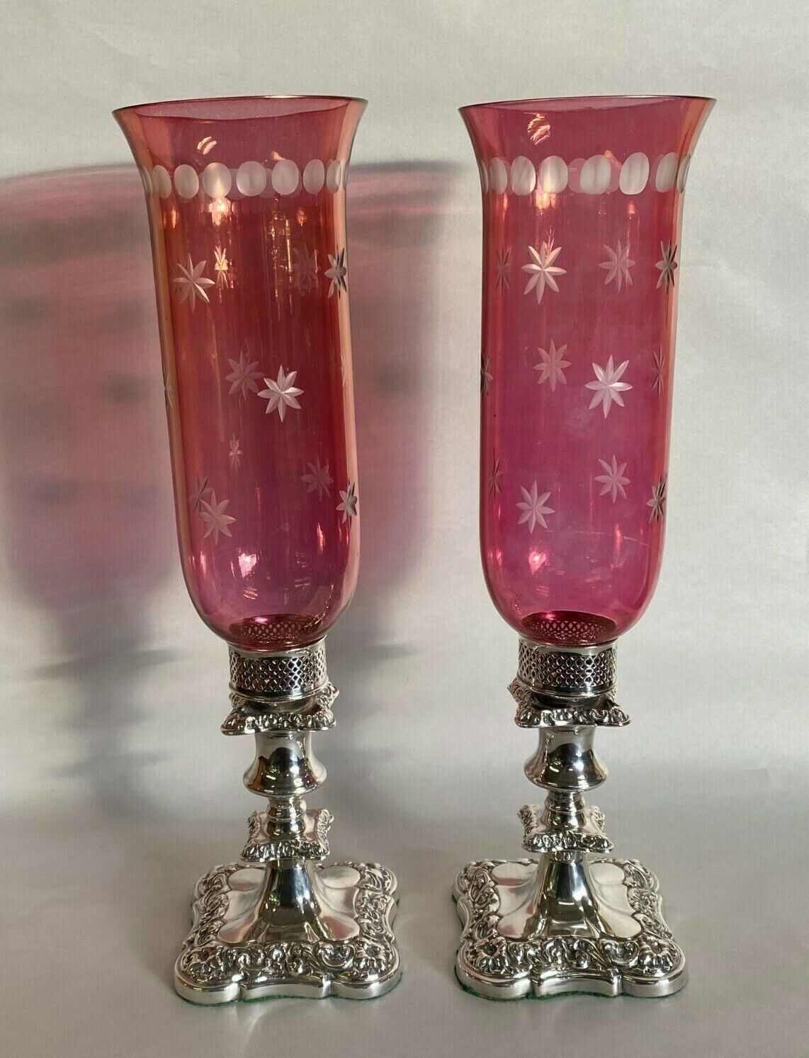 Cranberry Glass Hurricane Candlesticks with Silver Plate Base