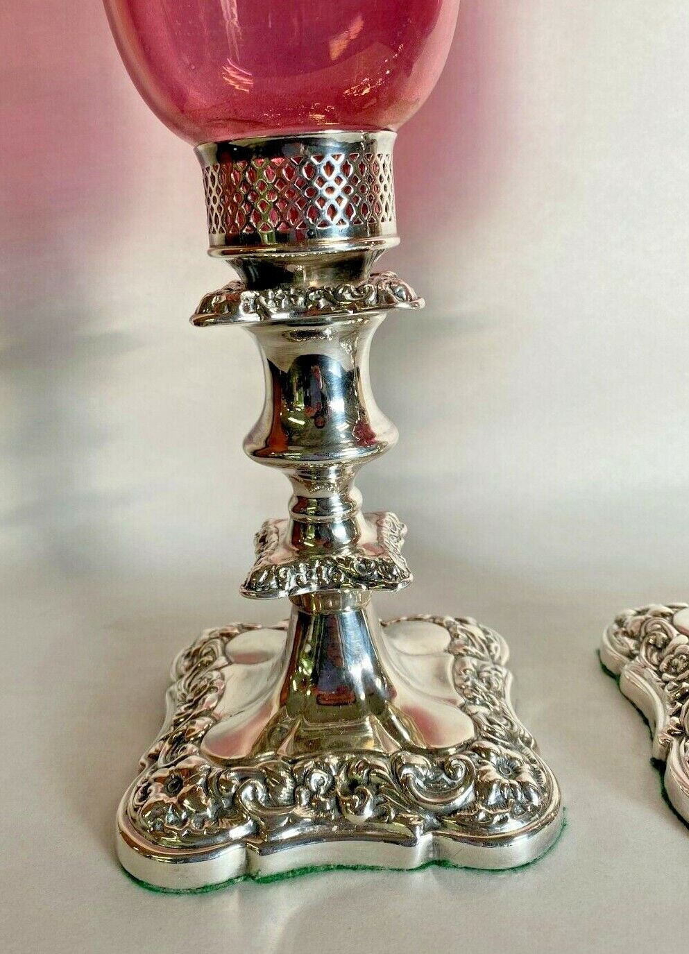 Cranberry Glass Hurricane Candlesticks with Silver Plate Base
