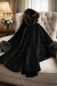 Black Alpaca Cape with Fox Fur Hood & Cuffs