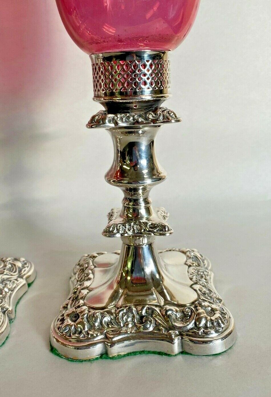 Cranberry Glass Hurricane Candlesticks with Silver Plate Base
