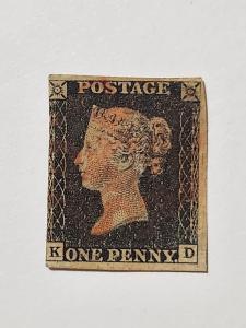 Rare First Penny Black Postage Stamp "K,D
