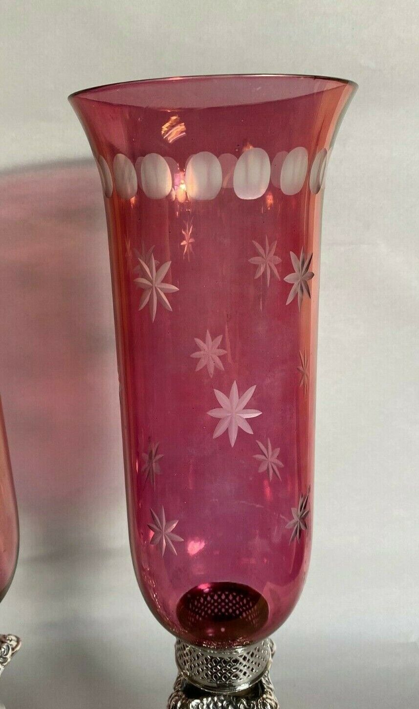 Cranberry Glass Hurricane Candlesticks with Silver Plate Base