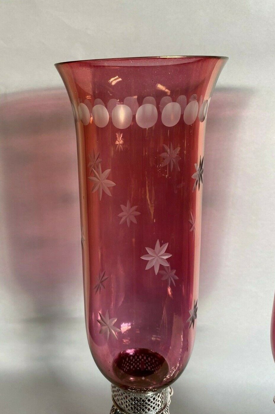 Cranberry Glass Hurricane Candlesticks with Silver Plate Base