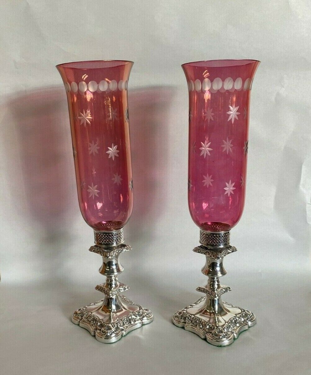 Cranberry Glass Hurricane Candlesticks with Silver Plate Base