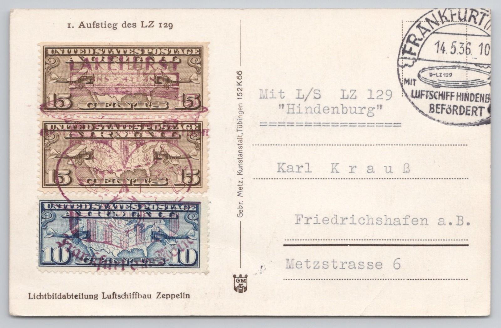 1936 Hindenburg LZ129 First Flight Postcard