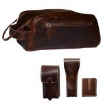 Unisex Leather Travel Dopp Kit with Shaving Accessories