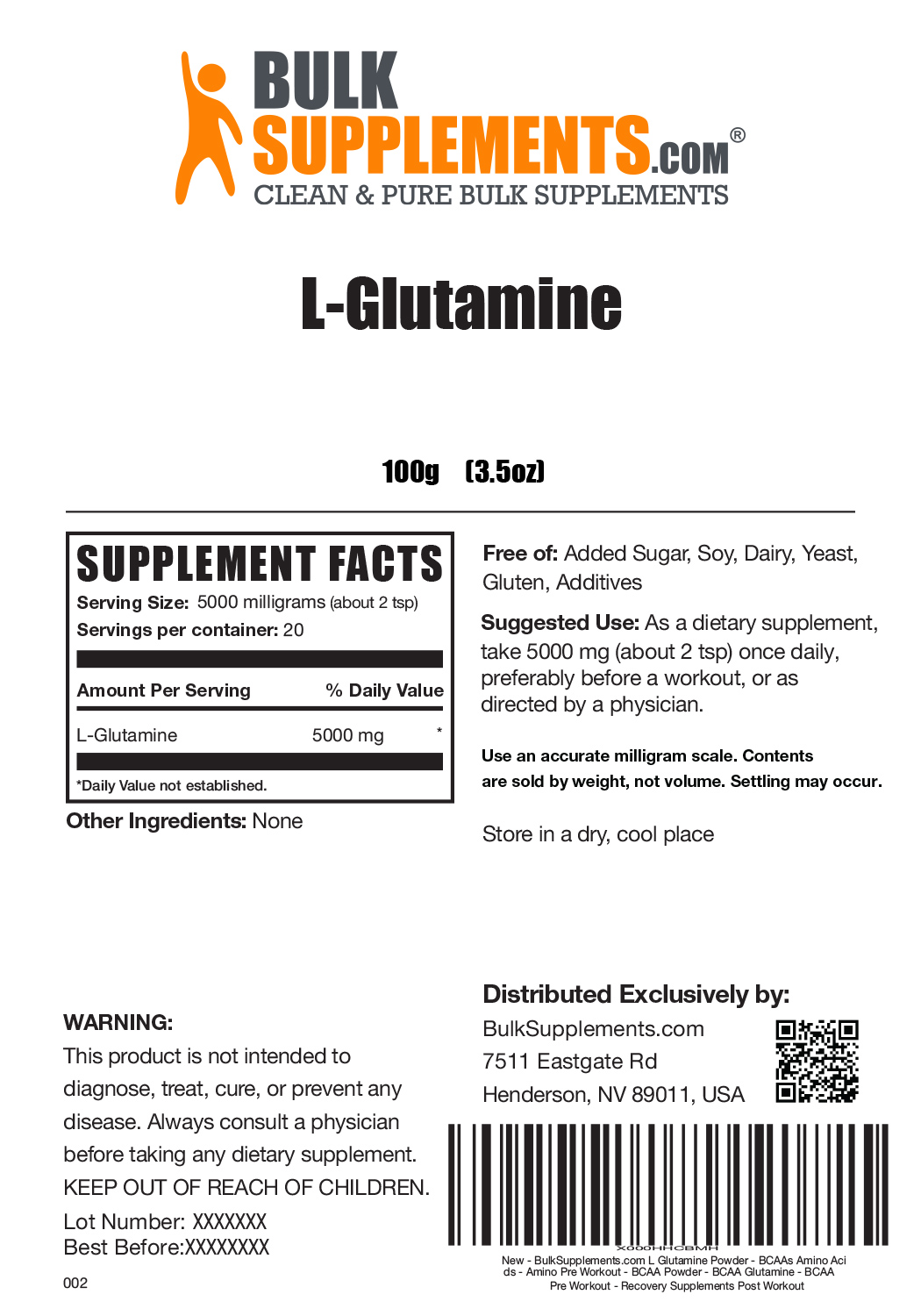 L-Glutamine Powder - BCAA Supplement (100g)