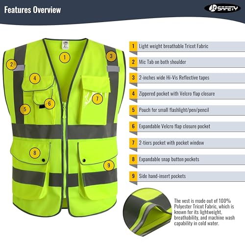 High Visibility Zipper Front Safety Vest - Large
