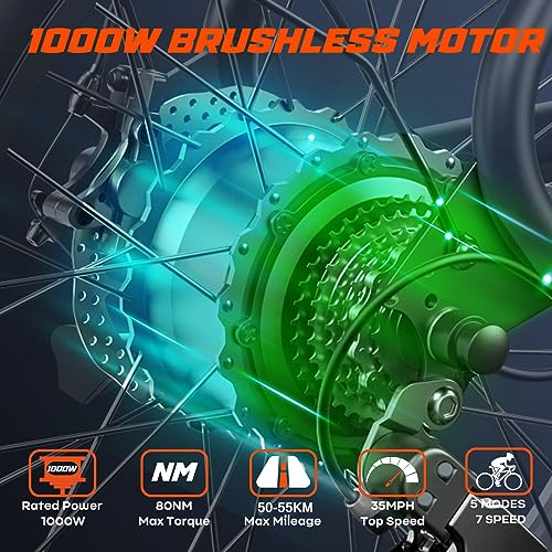 Electric Bike: 1000W, 35MPH, 48V 20AH, 7-Speed