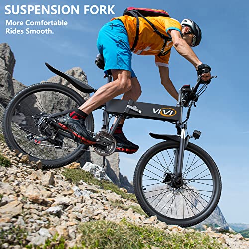 Vivi Electric Bike for Adults Foldable 350W Electric Mountain Bike 26" Ebike 20MPH Adult Electric Bicycle with 10.4Ah Removable Battery, Up to 50 Miles, Shimano 21 Speed, Suspension Fork