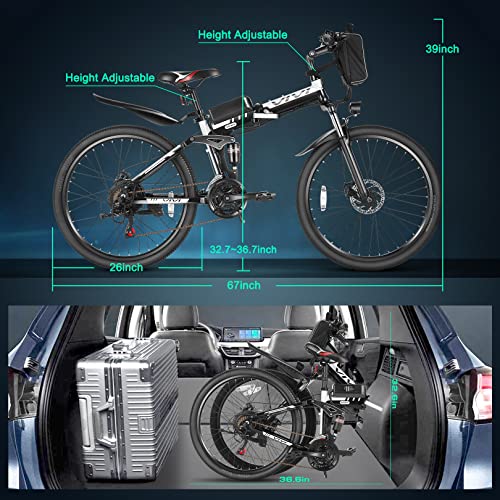 Vivi Electric Bike, 26" Electric Bike for Adults Foldable 500W Ebike 20MPH Electric Mountain Bike with 48V Removable Battery, Up to 50 Miles, Shimano 21 Speed Electric Bicycles, Dual Shock Absorber