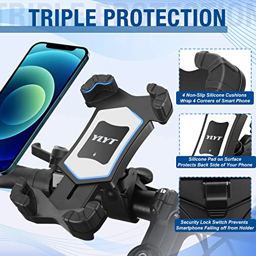 YLYT A1 Bike Phone Holder, Motorcycle Phone Mount – Bicycle Handlebar Cell Phone Clamp, Scooter Phone Clip for iPhone 14 Plus Pro Max, 13 Pro Max, Galaxy S22， S21，and 4.7-6.8 inches Smartphones