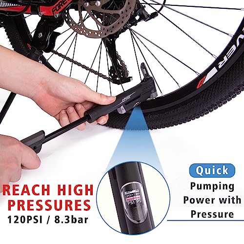 Portable Bike Pump with Pressure Gauge & Repair Kit