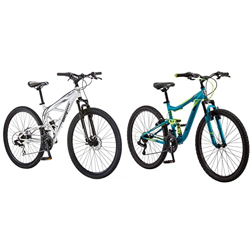 Mongoose Impasse Mens Mountain Bike, 29-Inch Wheels, 21-Speed Rear Deraileur, Silver & Status 2.2 Womens Mountain Bike, 26-Inch Wheels, 21-Speed Shifters, Aluminum Frame, Dual Suspension, Teal