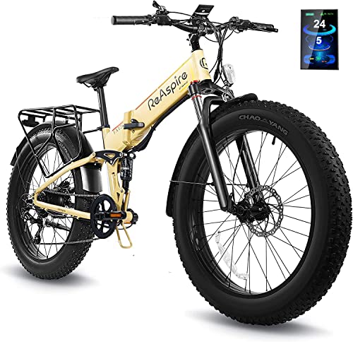 ReAspire Warrior Electric Bike for Adults 28MPH Folding Ebike 750W Motor 48V 14Ah Samsung Battery E Bikes 4.0 LCD Display All Terrain 26'' Fat Tire Foldable Mountain Bicycle Full Suspension, Yellow