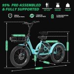 MOONCOOL Electric Tricycle Folding Trike for Adults 500W 48V Removable Battery 20 Inches 3 Wheels Electric Bikes Bicycle for Adults, Three Wheel Electric Cruiser Tricycle