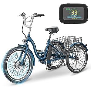 DoCred Electric Tricycle for Adults, 7 Speeds 3 Wheel Electric Bike with 36V Removable Battery for Men Women Senior, 350W Adult Electric Cruiser Tricycle Trike with Large Basket