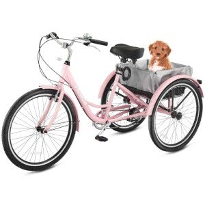 Viribus Adult Tricycle, 7 Speed Tricycle for Adults with Lock & Dual Chains, 3 Wheel Bikes for Adults, Adult Tricycles for Women Men Seniors, Adult Trike, 24 26 inch Three Wheel Bikes 400 lb. Pink