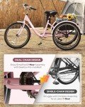 Viribus Adult Tricycle, 7 Speed Tricycle for Adults with Lock & Dual Chains, 3 Wheel Bikes for Adults, Adult Tricycles for Women Men Seniors, Adult Trike, 24 26 inch Three Wheel Bikes 400 lb. Pink