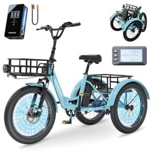 MOONCOOL Electric Tricycle for Adults, 500W/750W 48V Folding Electric Trike Peak Power 1100W, 3 Wheels Electric Bicycle, Aluminum Frame Electric Tricycle with Large Basket and Removable Battery