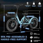 MOONCOOL Electric Tricycle for Adults, 500W/750W 48V Folding Electric Trike Peak Power 1100W, 3 Wheels Electric Bicycle, Aluminum Frame Electric Tricycle with Large Basket and Removable Battery