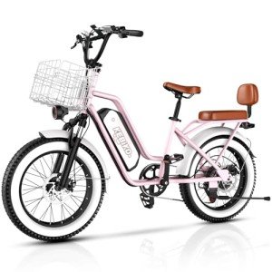 2 Seater Electric Bike, 1000W Peak (750W) Motor Ebike, 48V 20AH Removable Battery , 20"x 4.0" Fat Tire Electric Bike, Commuter Electric Bike For Adults, Front Fork Suspension,With Folding Basket,Pink