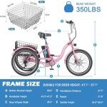 ABORON 24" 26" Electric Tricycles, 36V 10Ah 350W Lithium Battery UL Certified, 7 Speed E-Trike for Adults with Large Capacity Rear Basket (Light Pink, ‎24"/ 7 Speed)