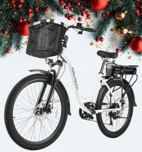 ANCHEER Electric Bike for Adults + Basket, 48V 500Wh EBike, 60+ Miles, Removable Battery, Fast-Charge, 26" Commuter Electric Bicycles, 7-Speed, LCD Digital Display, Suspension Fork, UL2849