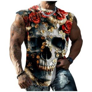 Men's Skull Floral Print Quick-Dry Tank Top