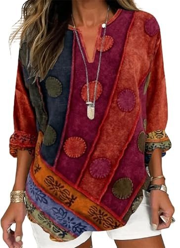 Boho Women's Notched Neck Long Sleeve Top