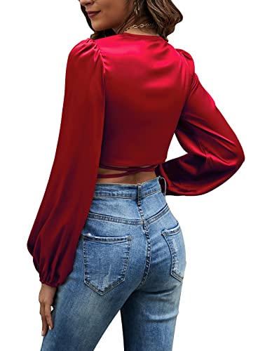 LYANER Satin V Neck Criss Cross Crop Blouse