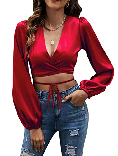 LYANER Satin V Neck Criss Cross Crop Blouse