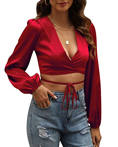 LYANER Satin V Neck Criss Cross Crop Blouse