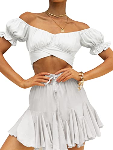 LYANER Ruffle Short Sleeve Tie-Up Crop Top