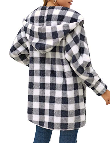 Women's Casual Plaid Grid Print Fuzzy Hooded Cardigan