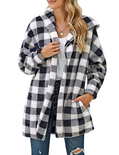 Women's Casual Plaid Grid Print Fuzzy Hooded Cardigan