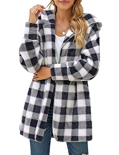 Women's Casual Plaid Grid Print Fuzzy Hooded Cardigan