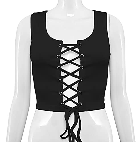 Remidoo Showy Lace Up Ribbed Crop Tank - Black