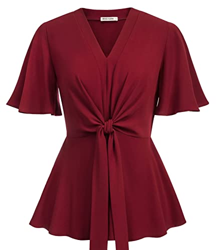 Wine Red Peplum V-Neck Bell Sleeve Blouse - XL