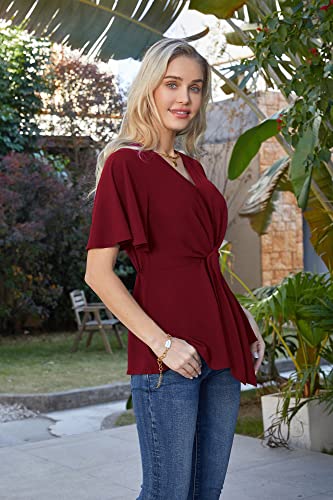 Wine Red Peplum V-Neck Bell Sleeve Blouse - XL