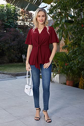 Wine Red Peplum V-Neck Bell Sleeve Blouse - XL