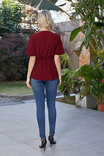 Wine Red Peplum V-Neck Bell Sleeve Blouse - XL