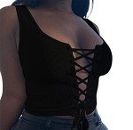 Remidoo Showy Lace Up Ribbed Crop Tank - Black