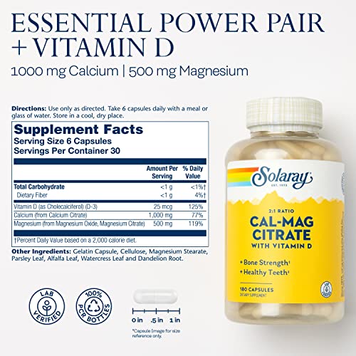 SOLARAY Calcium Magnesium Citrate 2:1, Vitamin D-3 180 Capsules