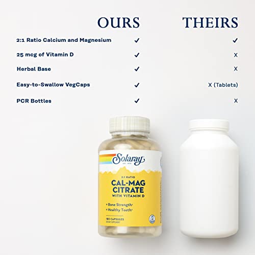 SOLARAY Calcium Magnesium Citrate 2:1, Vitamin D-3 180 Capsules
