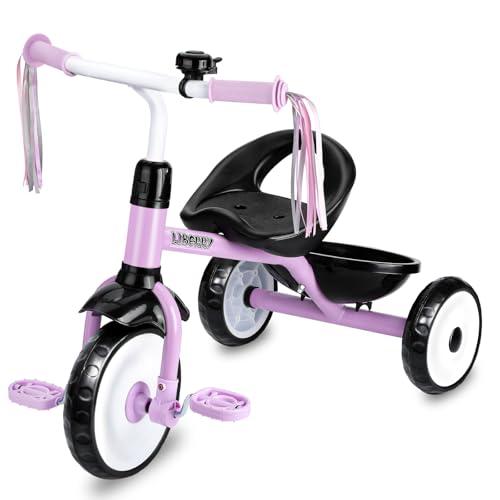 Liberry Toddler Tricycle - Purple 3-Wheel Bike with Bell, Back Basket, Removable Pedal for Kids Ages 2-4, Large Steel Riding Toy