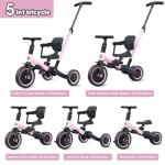 Pink 5-in-1 Kids Tricycle with Parent Handle