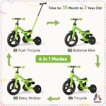 KRIDDO 4-in-1 Kids Tricycle with Push Handle