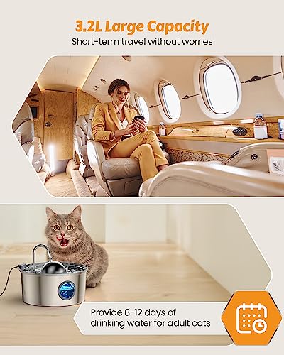 Stainless Steel Cat Water Fountain: 108oz/3.2L Providing Flowing Water
